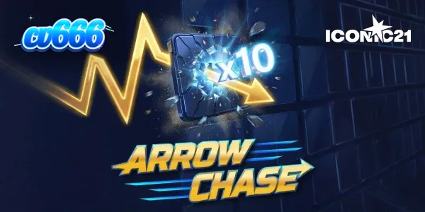 Tampilan antarmuka permainan Arrow Chase dengan grid pengali dan panah yang bergerak.